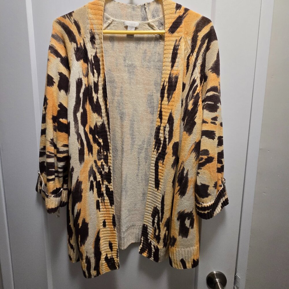 Chico's Linen Open Front Animal Print Cardigan